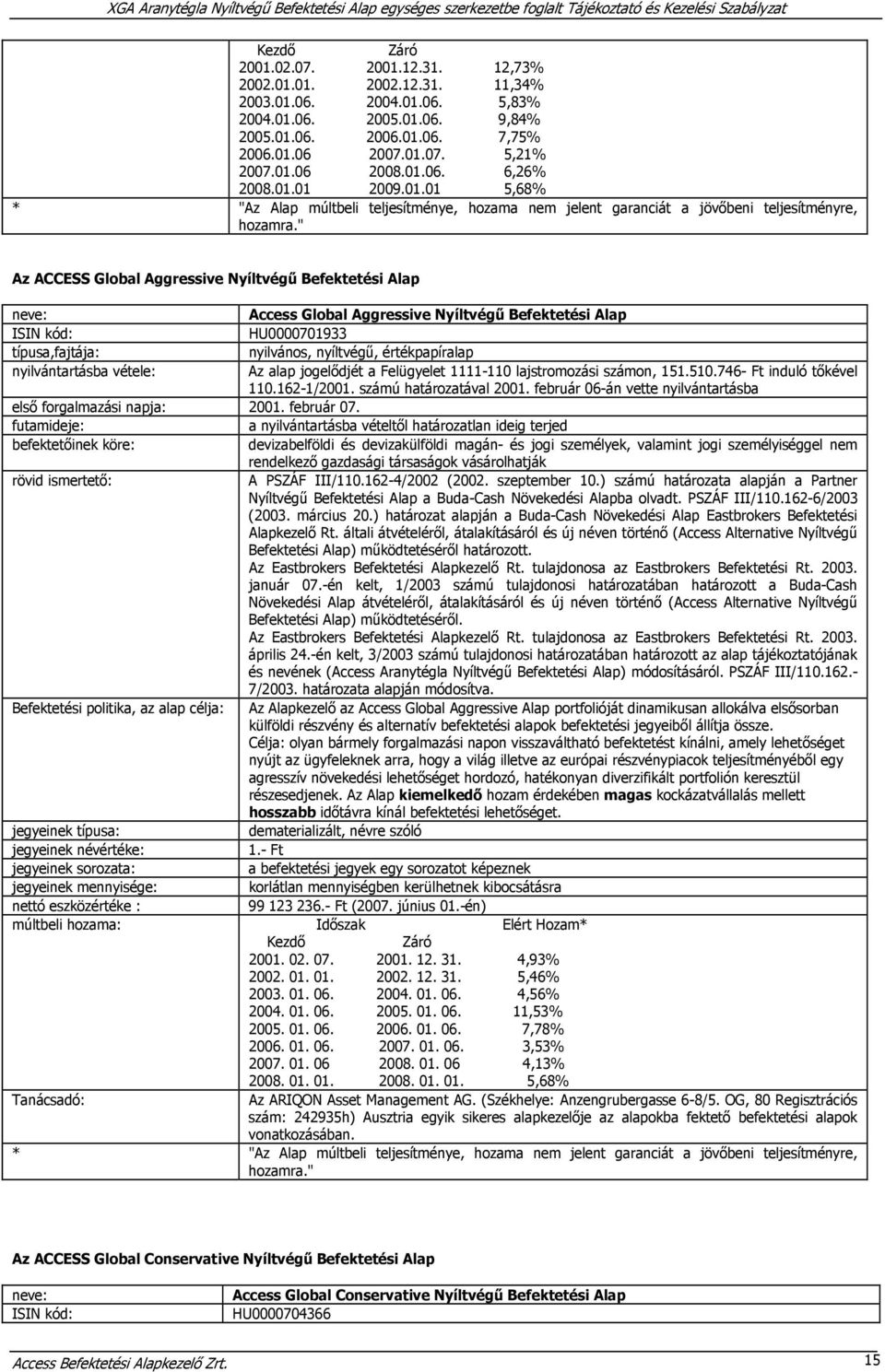 " Az ACCESS Global Aggressive Nyíltvégű Befektetési Alap neve: Access Global Aggressive Nyíltvégű Befektetési Alap ISIN kód: HU0000701933 típusa,fajtája: nyilvános, nyíltvégű, értékpapíralap