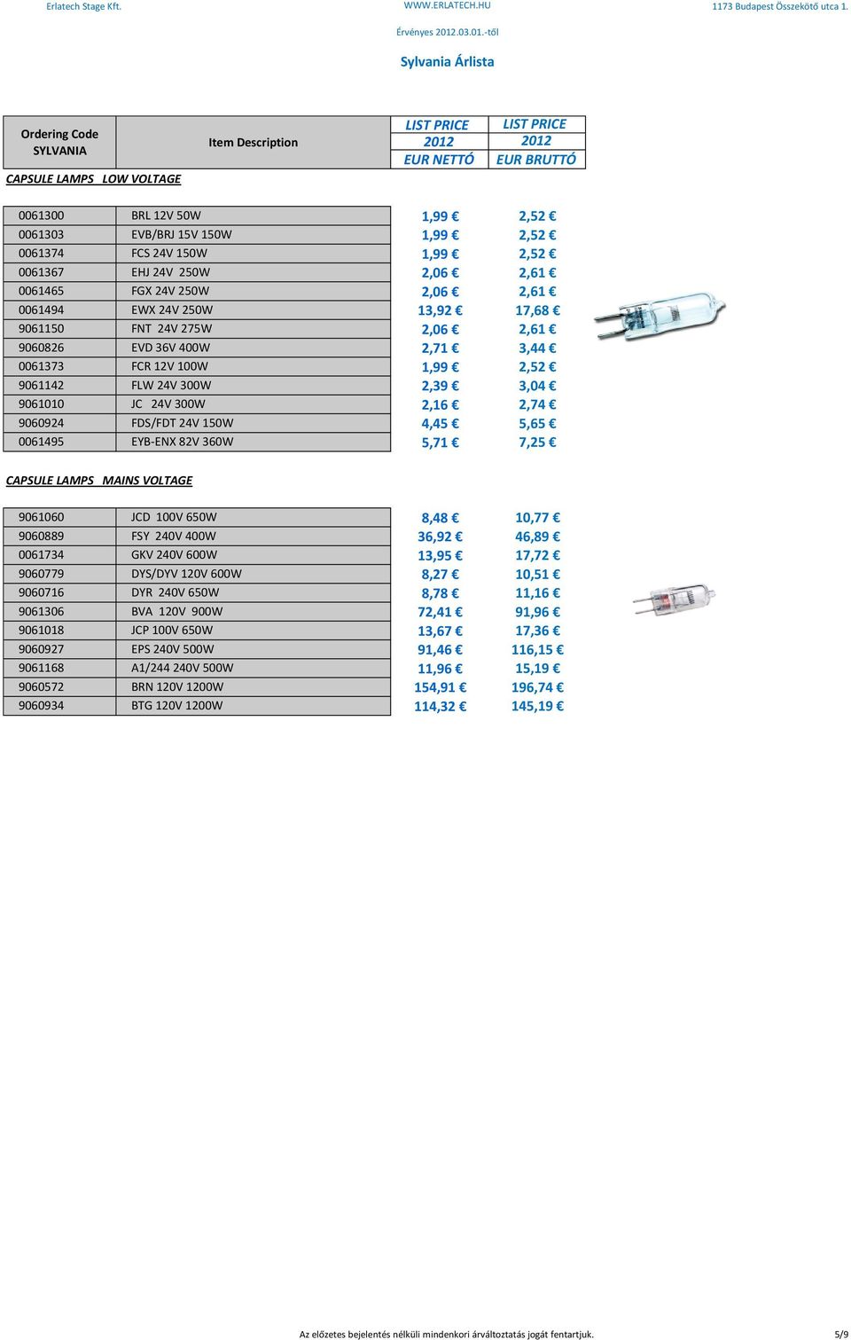 4,45 5,65 0061495 EYB-ENX 82V 360W 5,71 7,25 CAPSULE LAMPS MAINS VOLTAGE 9061060 JCD 100V 650W 8,48 10,77 9060889 FSY 240V 400W 36,92 46,89 0061734 GKV 240V 600W 13,95 17,72 9060779 DYS/DYV 120V 600W