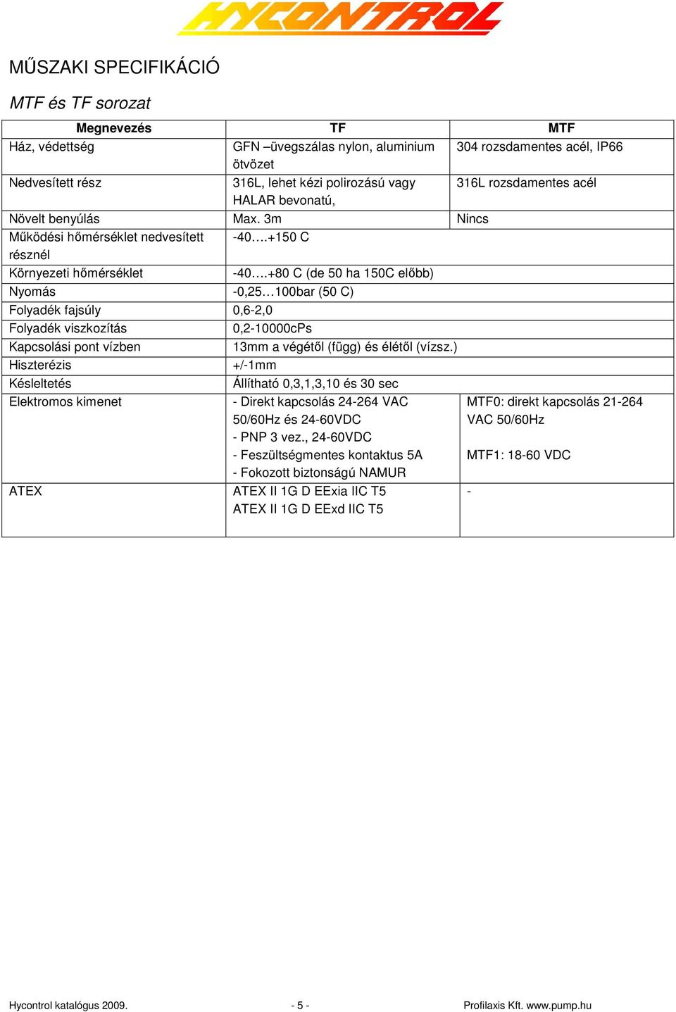 +80 C (de 50 ha 150C elıbb) Nyomás -0,25 100bar (50 C) Folyadék fajsúly 0,6-2,0 Folyadék viszkozítás 0,2-10000cPs Kapcsolási pont vízben 13mm a végétıl (függ) és élétıl (vízsz.