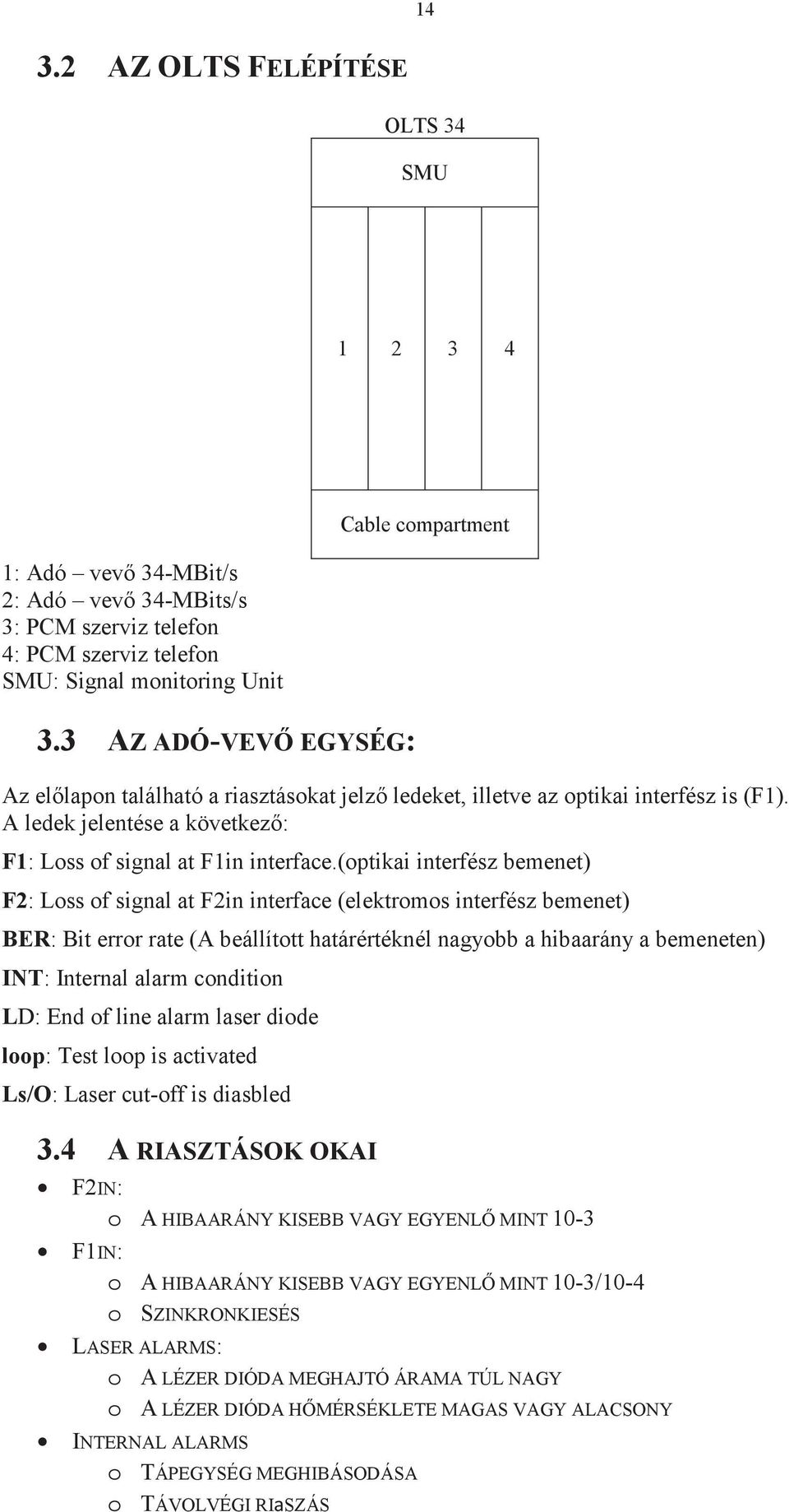 (optikai interfész bemenet) F2: Loss of signal at F2in interface (elektromos interfész bemenet) BER: Bit error rate (A beállított határértéknél nagyobb a hibaarány a bemeneten) INT: Internal alarm