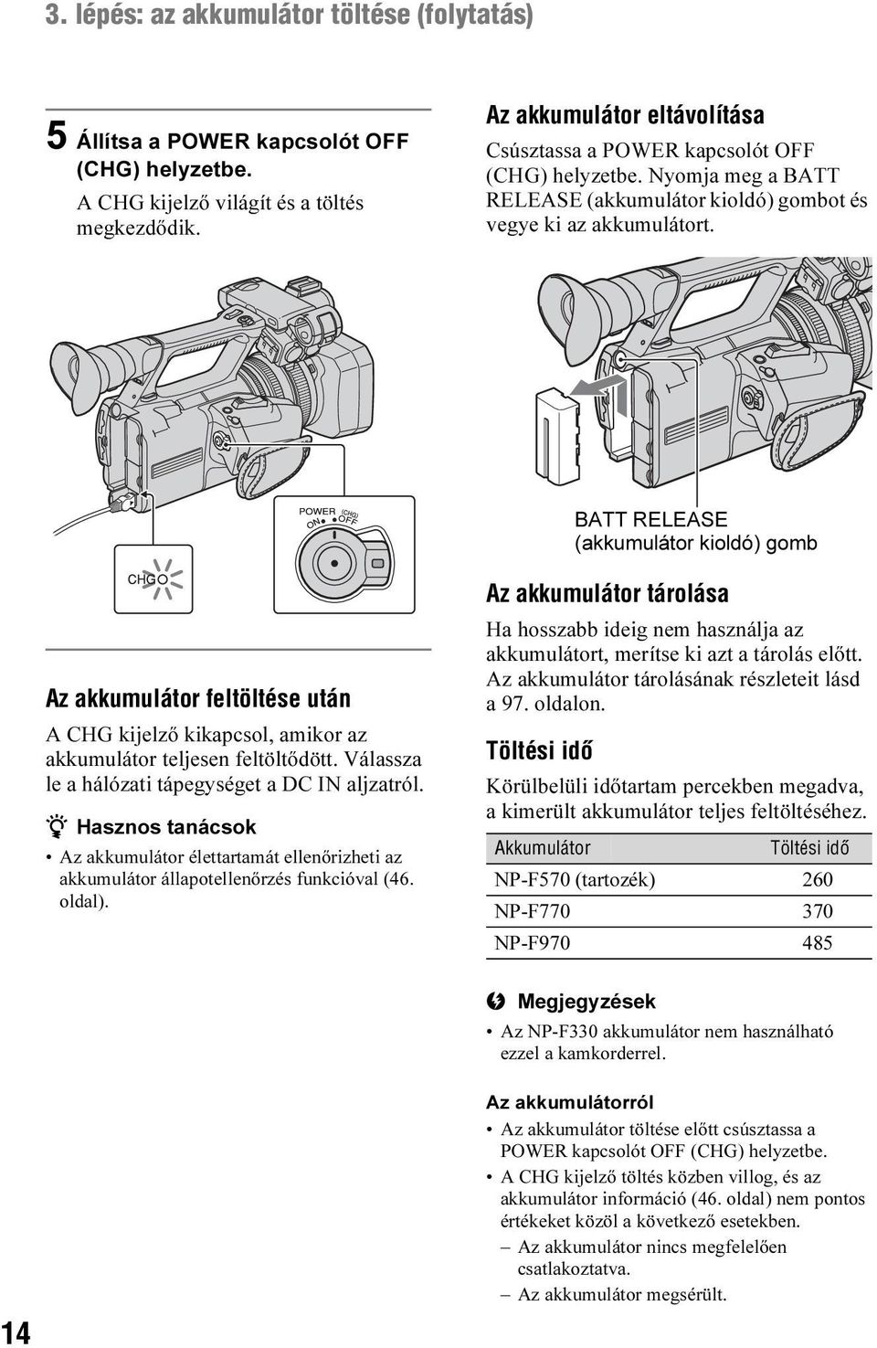 BATT RELEASE (akkumulátor kioldó) gomb Az akkumulátor feltöltése után A CHG kijelző kikapcsol, amikor az akkumulátor teljesen feltöltődött. Válassza le a hálózati tápegységet a DC IN aljzatról.