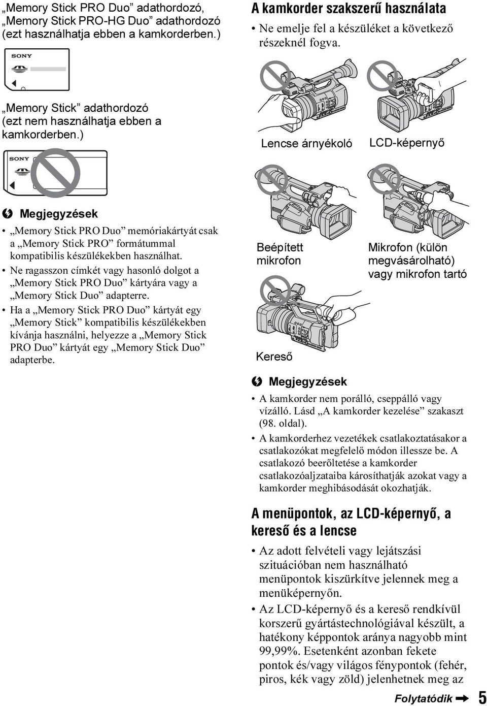) Lencse árnyékoló LCD-képernyő Memory Stick PRO Duo memóriakártyát csak a Memory Stick PRO formátummal kompatibilis készülékekben használhat.