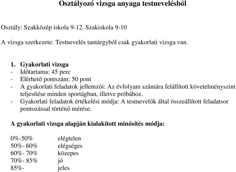 Gyakorlati vizsga - Időtartama: 45 perc - Elérhető pontszám: 50 pont - A gyakorlati feladatok jellemzői: Az évfolyam számára felállított követelményszint