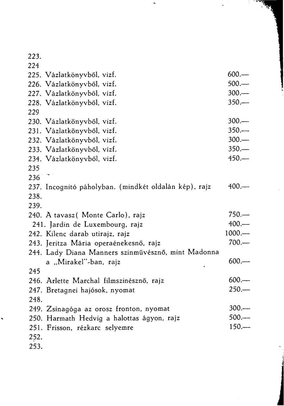 A tavasz( Monté Carlo), rajz 750. 241. fardin de Luxembourg, rajz 400. 242. Kilenc darab útirajz, rajz 1000. 243. Jeritza Mária operaénekesnő, rajz 700. 244.