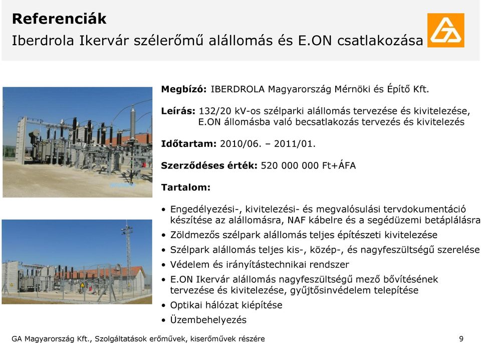 Szerződéses érték: 520 000 000 Ft+ÁFA Tartalom: Engedélyezési-, kivitelezési- és megvalósulási tervdokumentáció készítése az alállomásra, NAF kábelre és a segédüzemi betáplálásra Zöldmezős szélpark
