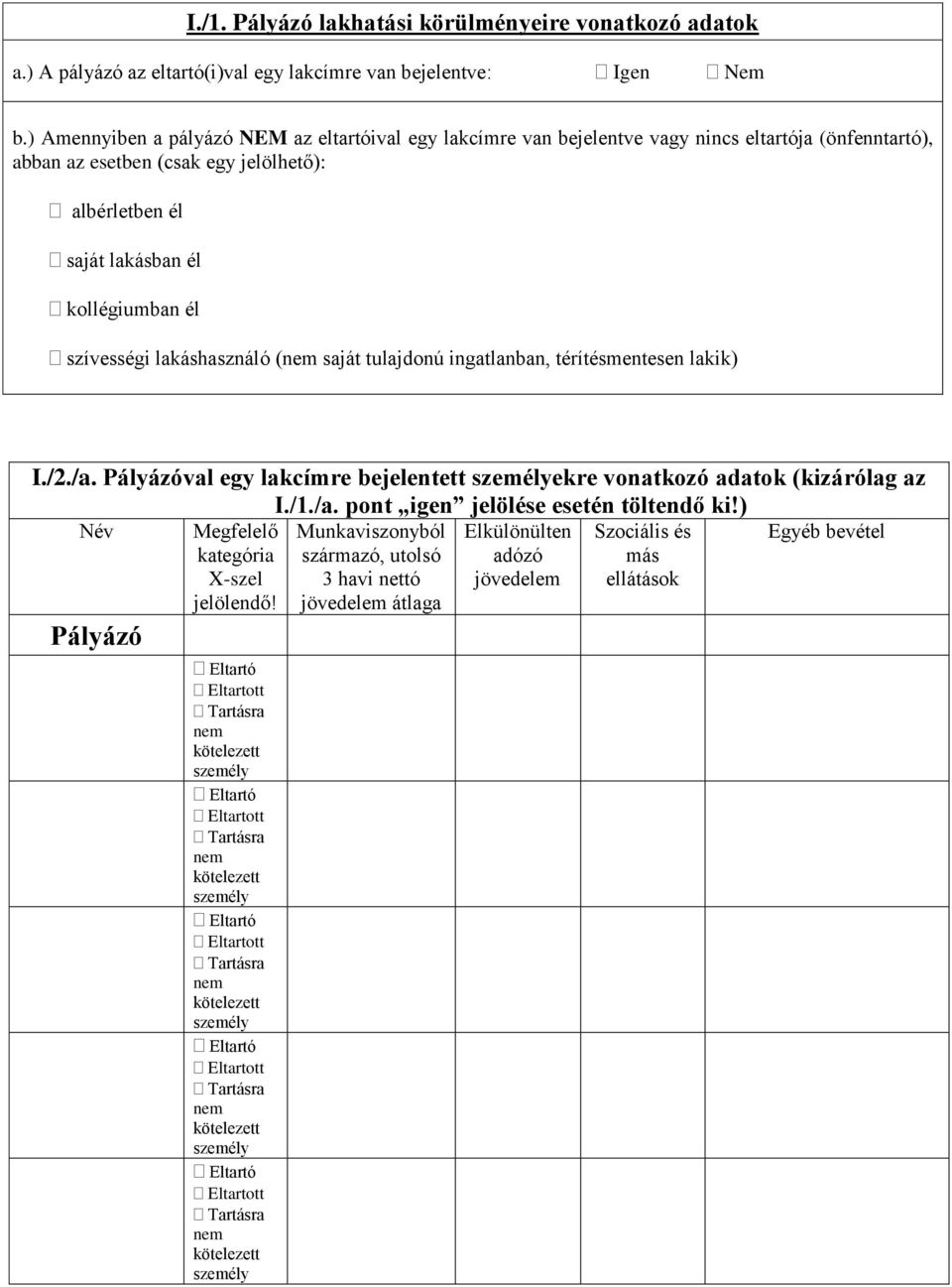 szívességi lakáshasználó ( saját tulajdonú ingatlanban, térítésmentesen lakik) I./2./a. Pályázóval egy lakcímre bejelentett ekre vonatkozó adatok (kizárólag az I./1./a. pont igen jelölése esetén töltendő ki!