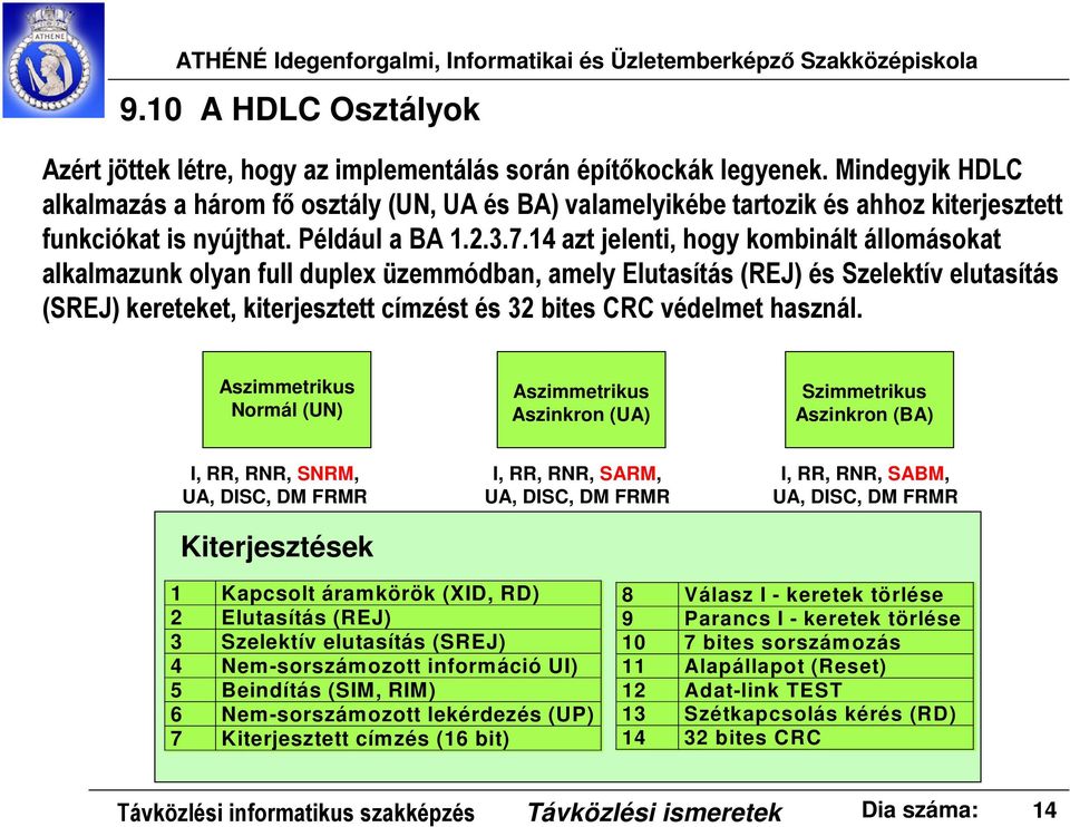 14 azt jelenti, hogy kombinált állomásokat alkalmazunk olyan full duplex üzemmódban, amely Elutasítás (REJ) és Szelektív elutasítás (SREJ) kereteket, kiterjesztett címzést és 32 bites CRC védelmet