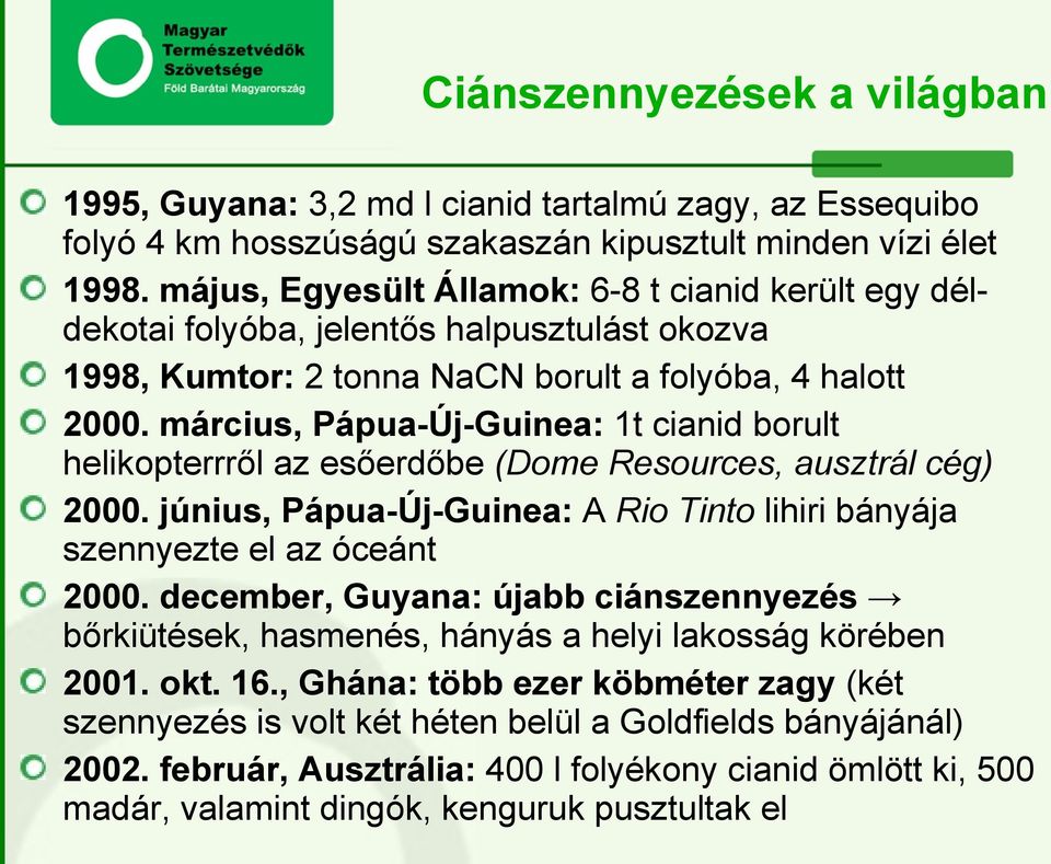 március, Pápua-Új-Guinea: 1t cianid borult helikopterrről az esőerdőbe (Dome Resources, ausztrál cég) 2000. június, Pápua-Új-Guinea: A Rio Tinto lihiri bányája szennyezte el az óceánt 2000.