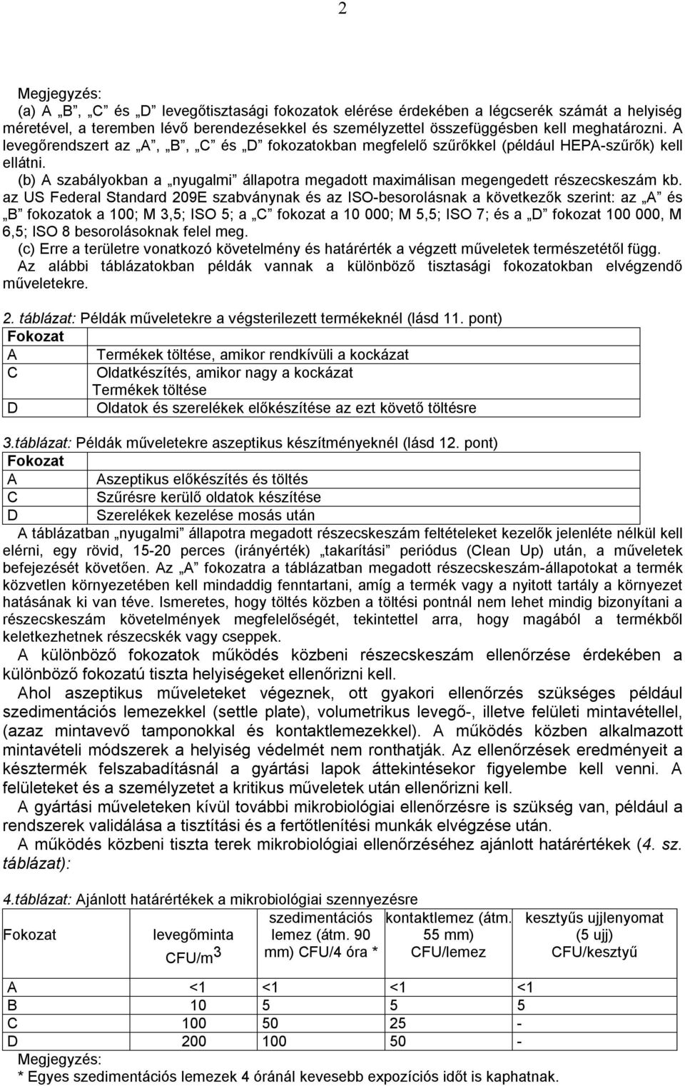 az US Federal Standard 209E szabványnak és az ISO-besorolásnak a következők szerint: az A és B fokozatok a 100; M 3,5; ISO 5; a C fokozat a 10 000; M 5,5; ISO 7; és a D fokozat 100 000, M 6,5; ISO 8