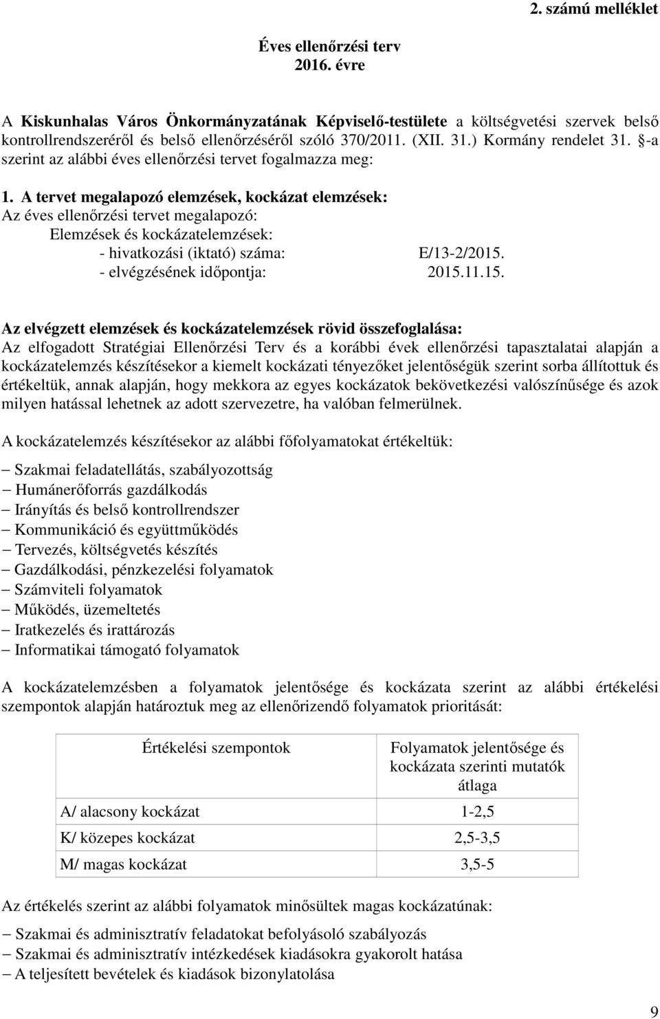 A tervet megalapozó elemzések, kockázat elemzések: Az éves ellenőrzési tervet megalapozó: Elemzések és kockázatelemzések: - hivatkozási (iktató) száma: E/13-2/2015. - elvégzésének időpontja: 2015.11.