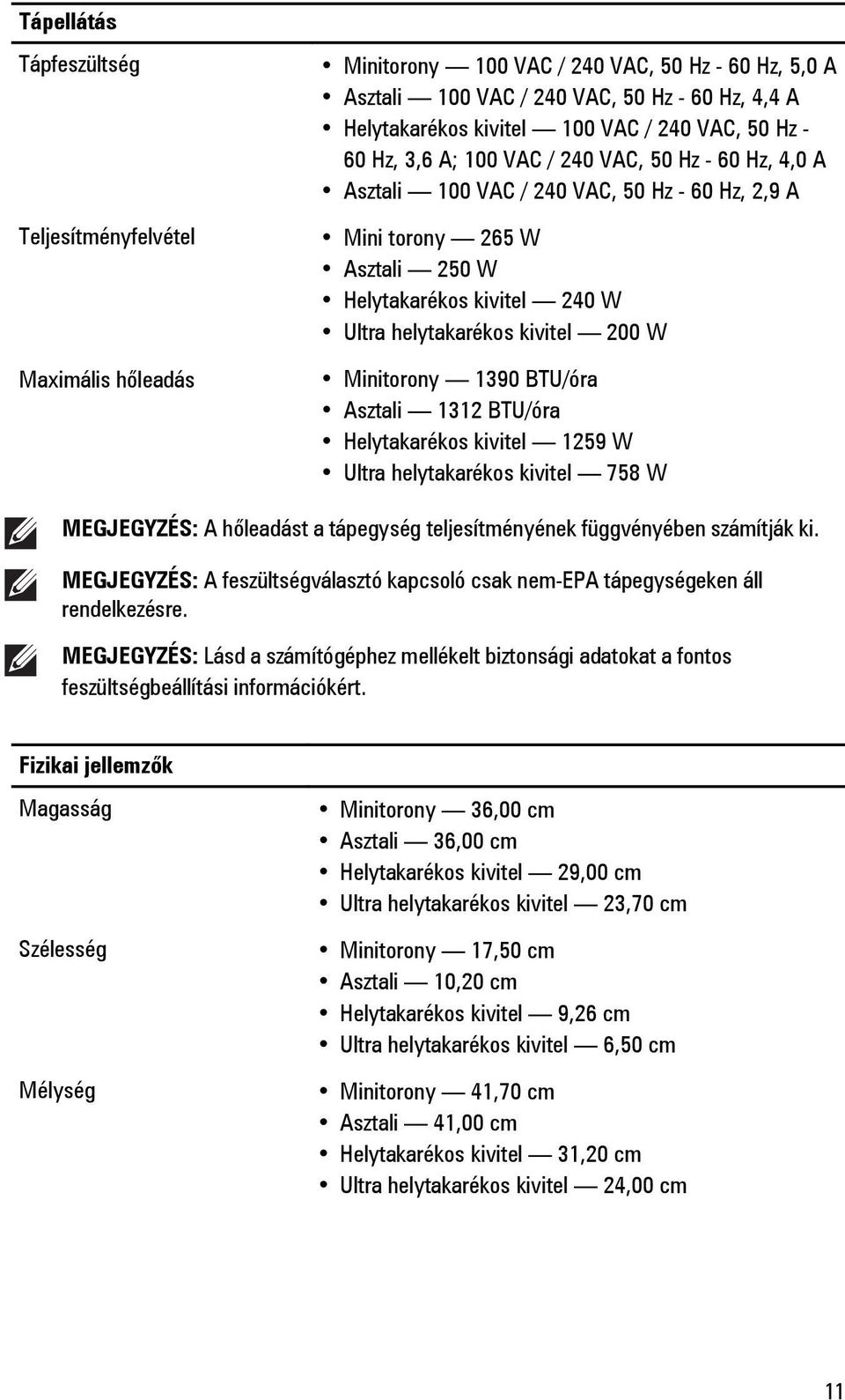 kivitel 200 W Minitorony 1390 BTU/óra Asztali 1312 BTU/óra Helytakarékos kivitel 1259 W Ultra helytakarékos kivitel 758 W MEGJEGYZÉS: A hőleadást a tápegység teljesítményének függvényében számítják