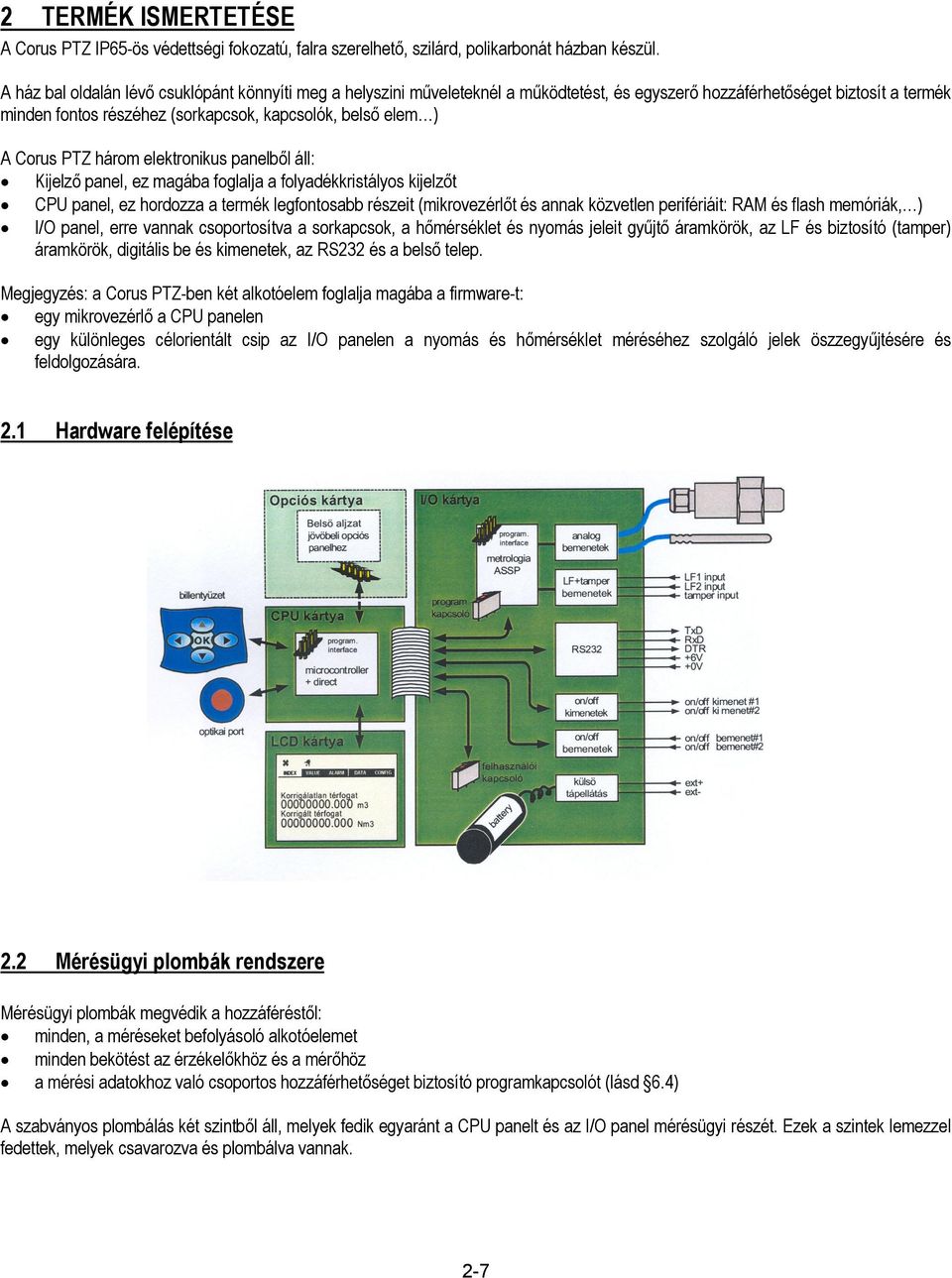 Corus PTZ három elektronikus panelből áll: Kijelző panel, ez magába foglalja a folyadékkristályos kijelzőt CPU panel, ez hordozza a termék legfontosabb részeit (mikrovezérlőt és annak közvetlen
