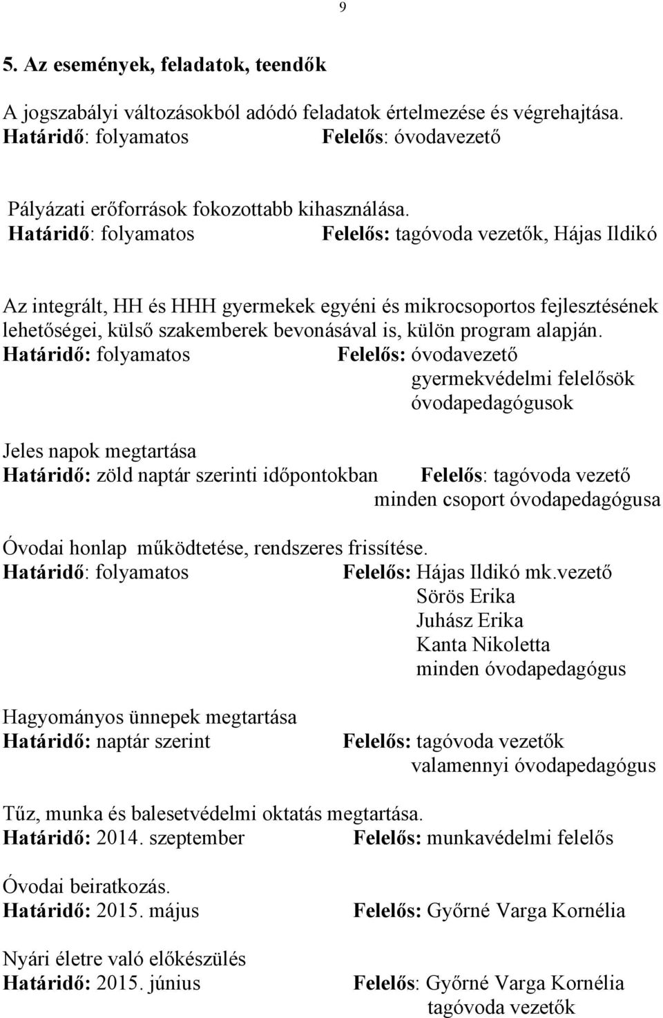 Felelős: óvodavezető gyermekvédelmi felelősök óvodapedagógusok Jeles napok megtartása Határidő: zöld naptár szerinti időpontokban Felelős: tagóvoda vezető minden csoport óvodapedagógusa Óvodai honlap