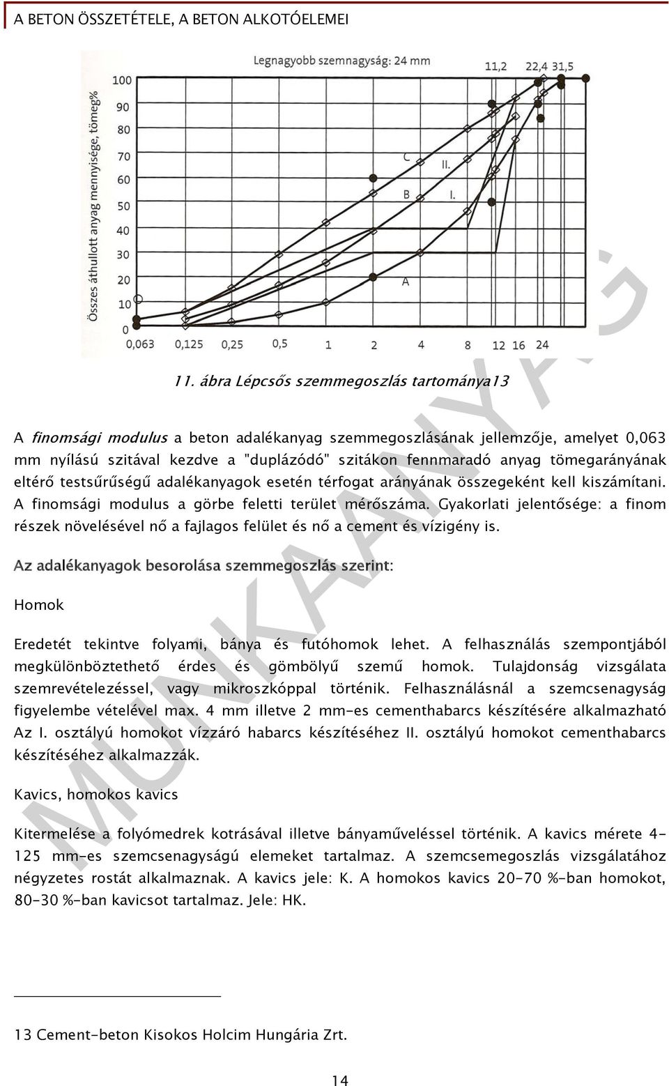 tömegarányának eltérő testsűrűségű adalékanyagok esetén térfogat arányának összegeként kell kiszámítani. A finomsági modulus a görbe feletti terület mérőszáma.