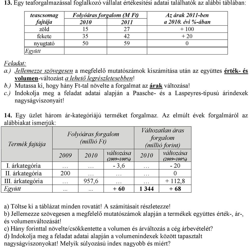 ) Jellemezze szövegesen a megfelelő mutatószámok kiszámítása után az együttes érték- és volumen-változást a lehető legrészletesebben! b.