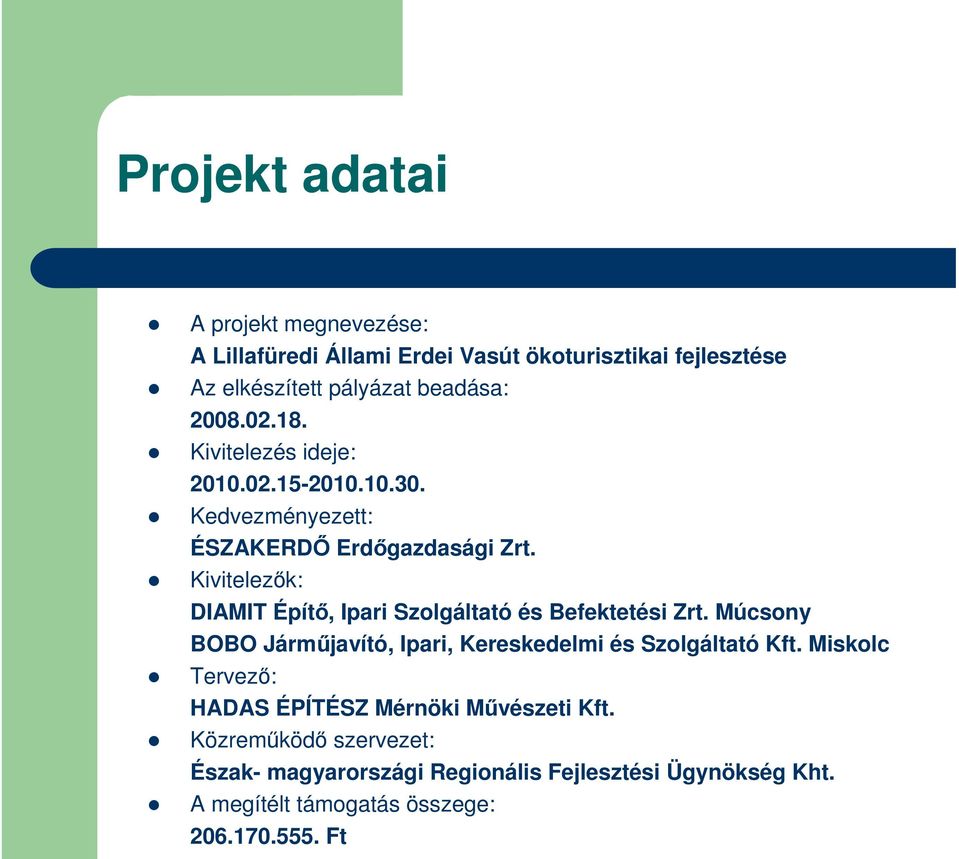 Kivitelezők: DIAMIT Építő, Ipari Szolgáltató és Befektetési Zrt. Múcsony BOBO Járműjavító, Ipari, Kereskedelmi és Szolgáltató Kft.