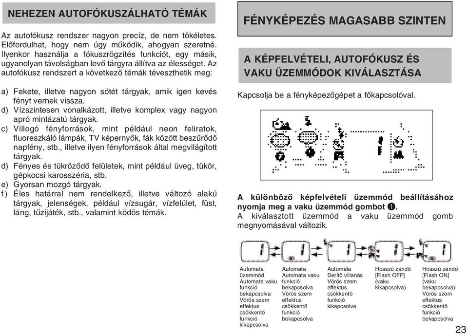 Az autofókusz rendszert a következõ témák téveszthetik meg: a) Fekete, illetve nagyon sötét tárgyak, amik igen kevés fényt vernek vissza.