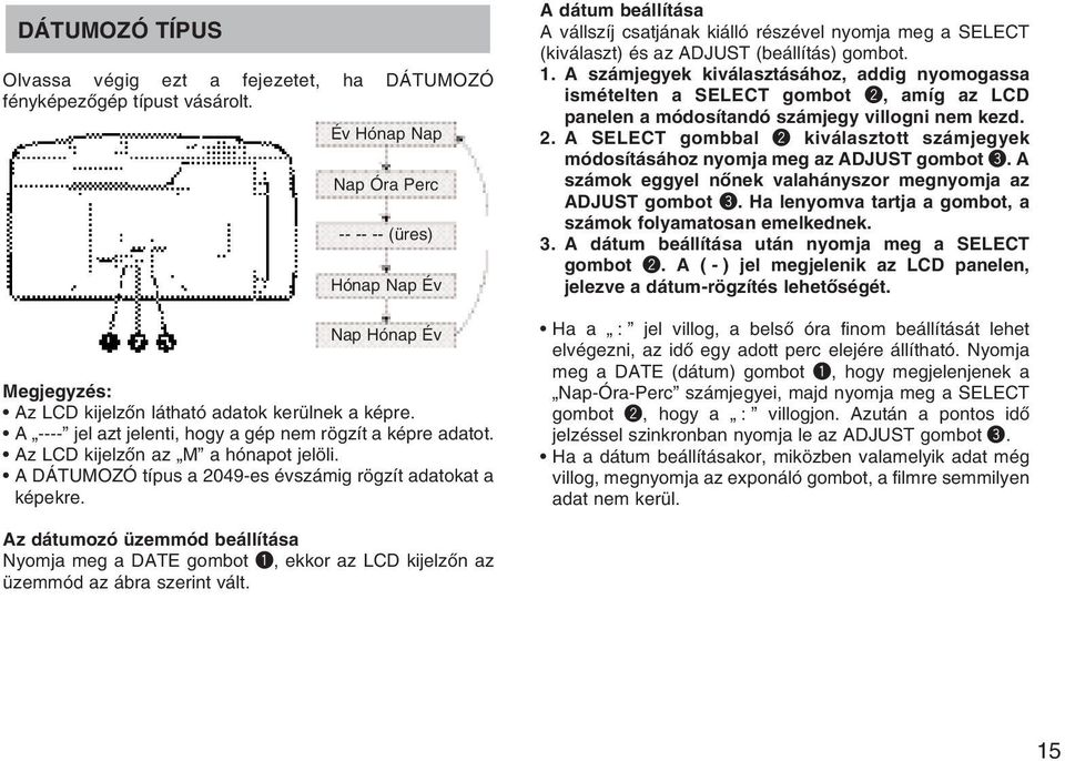 Az LCD kijelzõn az M a hónapot jelöli. A DÁTUMOZÓ típus a 2049-es évszámig rögzít adatokat a képekre.