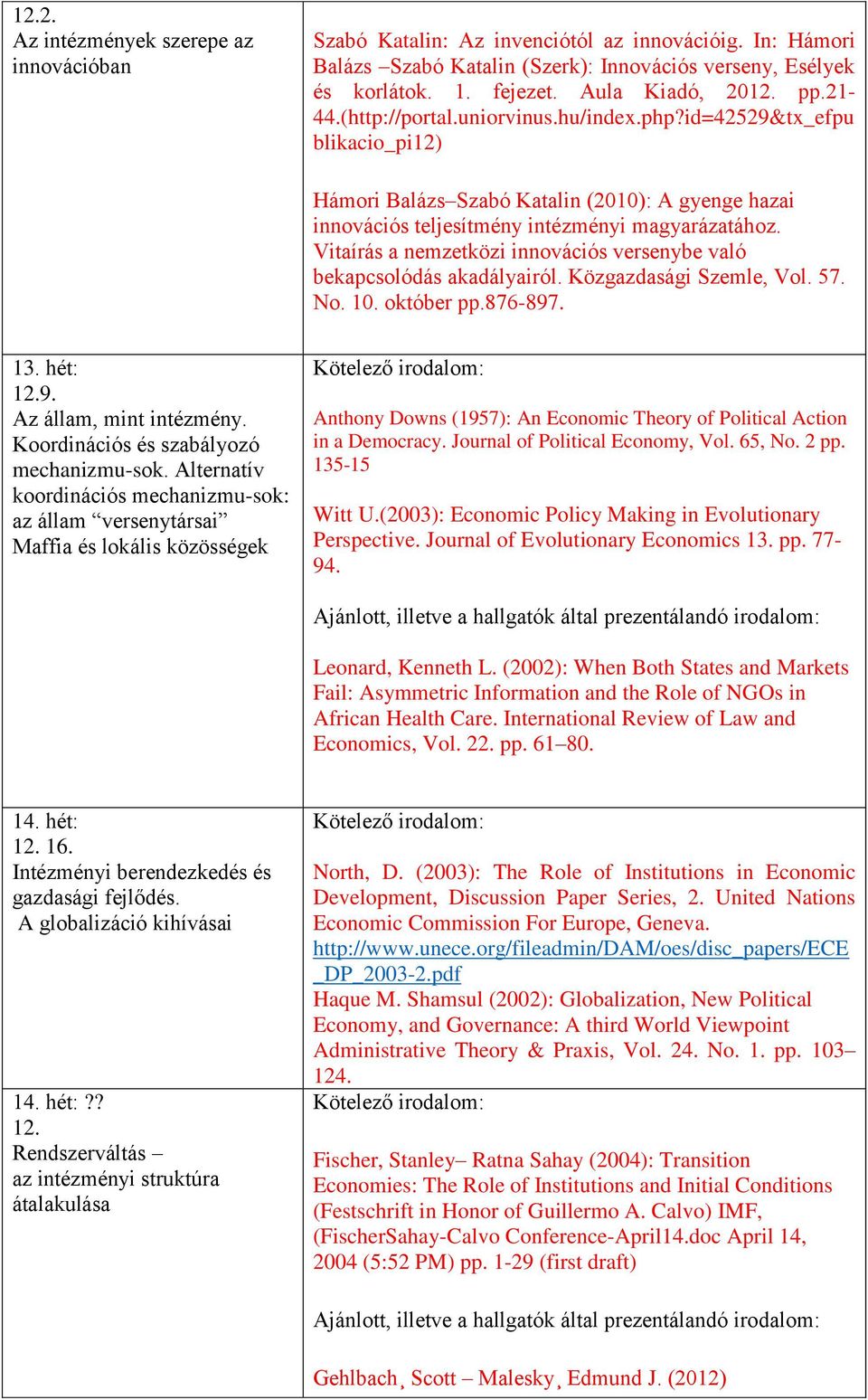 Vitaírás a nemzetközi innovációs versenybe való bekapcsolódás akadályairól. Közgazdasági Szemle, Vol. 57. No. 10. október pp.876-897. 13. hét: 12.9. Az állam, mint intézmény.