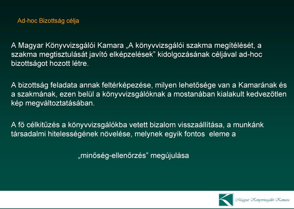 A bizottság feladata annak feltérképezése, milyen lehetősége van a Kamarának és a szakmának, ezen belül a könyvvizsgálóknak a mostanában