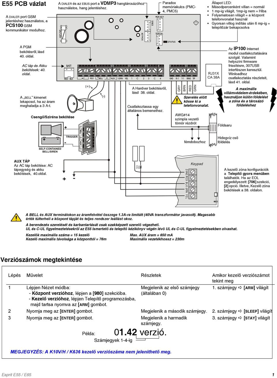 6 mp-ig = telepítőzár bekapcsolva A PGM bekötésről, lásd 40. oldal. AC táp és Akku bekötések: 40. oldal. Az IP100 Internet modul csatlakoztatására szolgál.