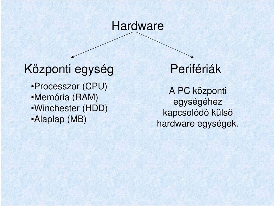 Alaplap (MB) Perifériák A PC központi