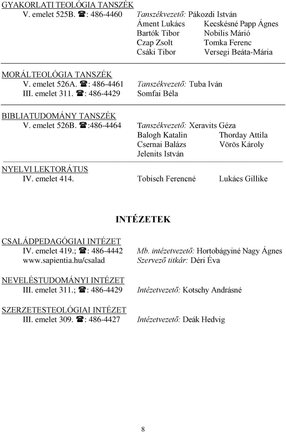 : 486-4461 III. emelet 311. : 486-4429 Tanszékvezető: Tuba Iván Somfai Béla BIBLIATUDOMÁNY TANSZÉK V. emelet 526B.