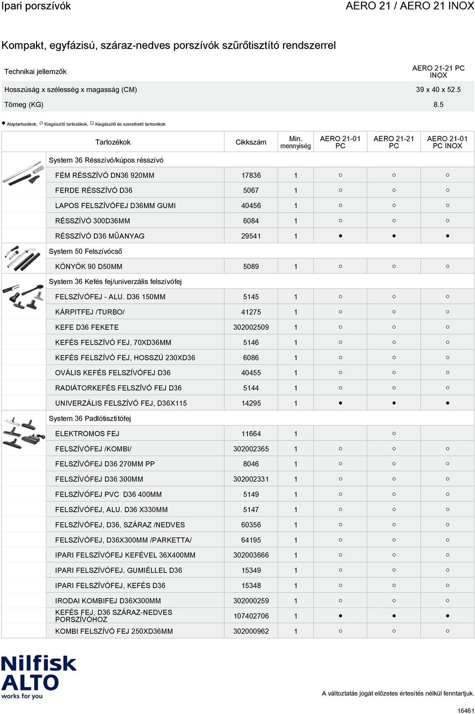 40456 1 RÉSSZÍVÓ 300D36MM 6084 1 RÉSSZÍVÓ D36 MŰANYAG 29541 1 System 50 Felszívócső KÖNYÖK 90 D50MM 5089 1 System 36 Kefés fej/univerzális felszívófej FELSZÍVÓFEJ - ALU.