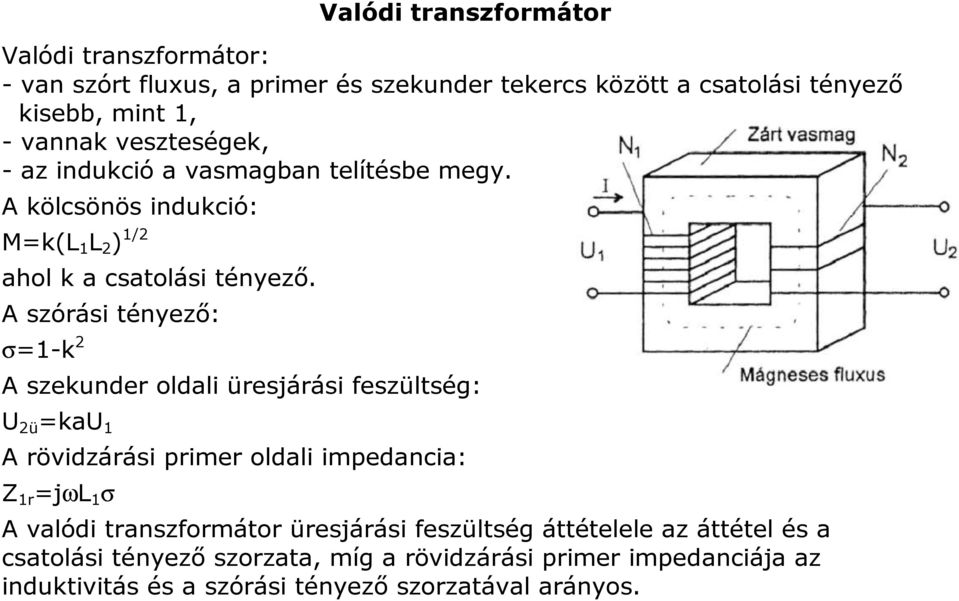 A szórási tényező: σ=1-k 2 A szekunder oldali üresjárási feszültség: U 2ü =kau 1 A rövidzárási primer oldali impedancia: Z 1r =jωl 1 σ A valódi