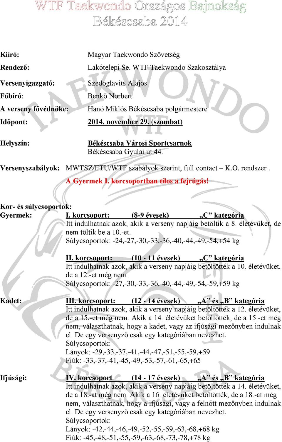 Versenyszabályok: MWTSZ/ETU/WTF szabályok szerint, full contact K.O. rendszer. A Gyermek I. korcsoportban tilos a fejrúgás! Kor- és súlycsoportok: Gyermek: I.