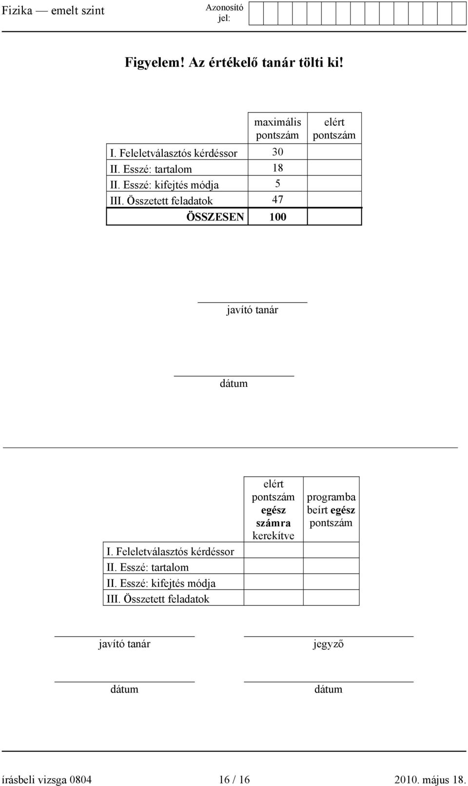Feleletválasztós kérdéssor II. Esszé: tartalom II. Esszé: kifejtés módja III.