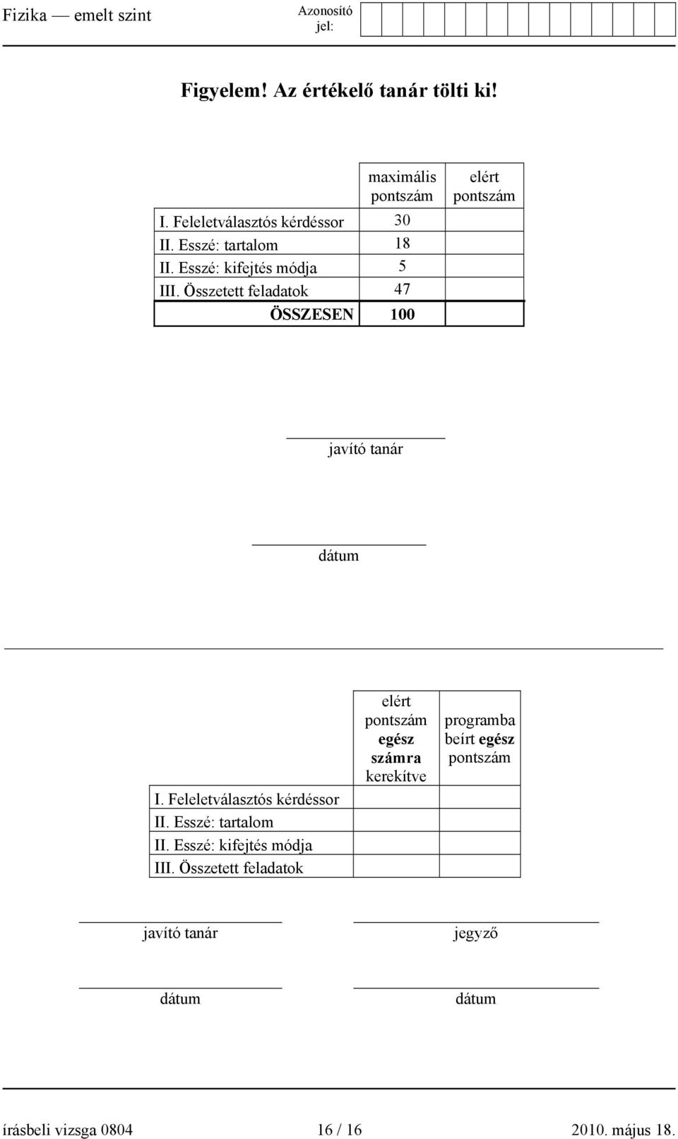 Feleletválasztós kérdéssor II. Esszé: tartalom II. Esszé: kifejtés módja III.