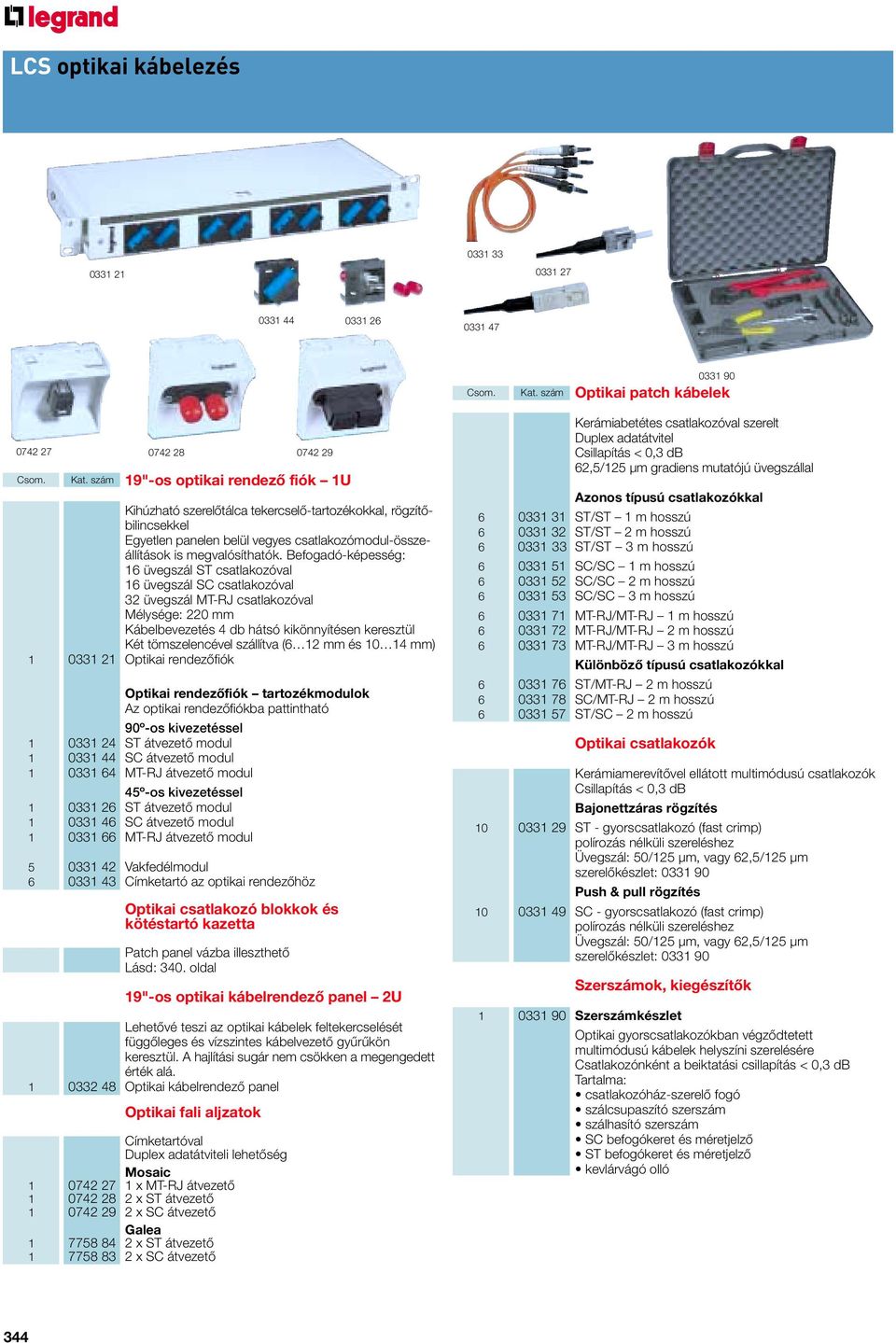 szám 19"-os optikai rendezô fiók 1U Kihúzható szerelôtálca tekercselô-tartozékokkal, rögzítôbilincsekkel Egyetlen panelen belül vegyes csatlakozómodul-összeállítások is megvalósíthatók.