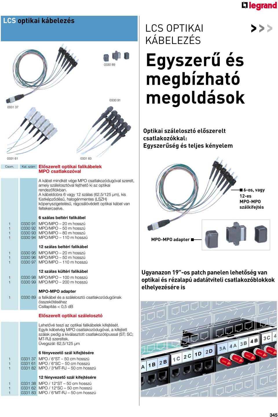 A kábeldobra 6 vagy 12 szálas (62,5/125 µm), kis füstképzôdésû, halogénmentes (LSZH) köpenyszigetelésû, rágcsálóvédett optikai kábel van feltekercselve.