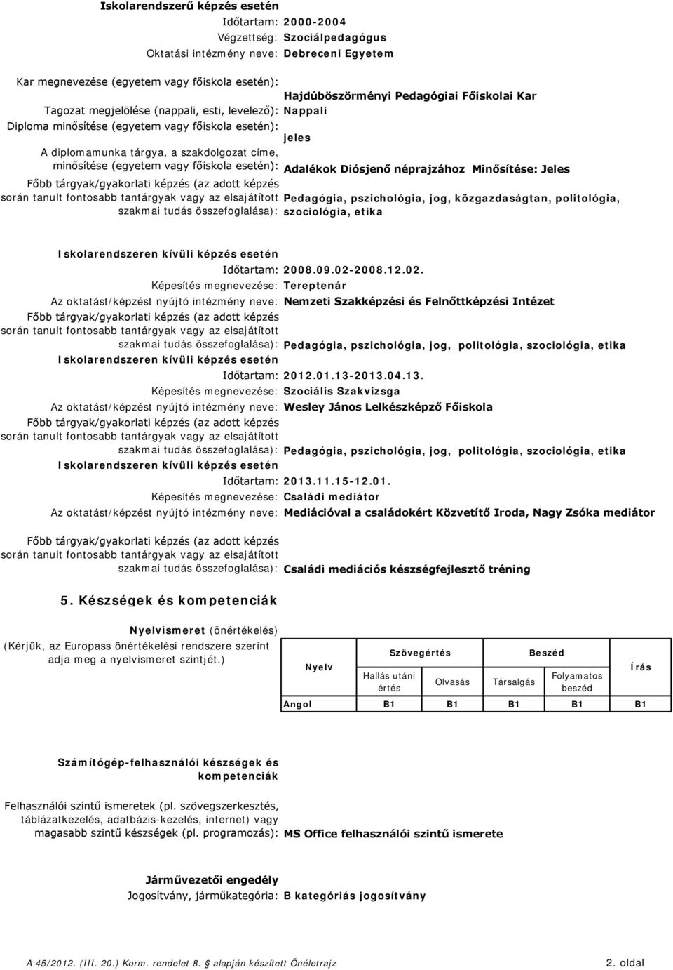 vagy főiskola esetén): Adalékok Diósjenő néprajzához Minősítése: Jeles Pedagógia, pszichológia, jog, közgazdaságtan, politológia, szakmai tudás összefoglalása): szociológia, etika Időtartam: 2008.09.