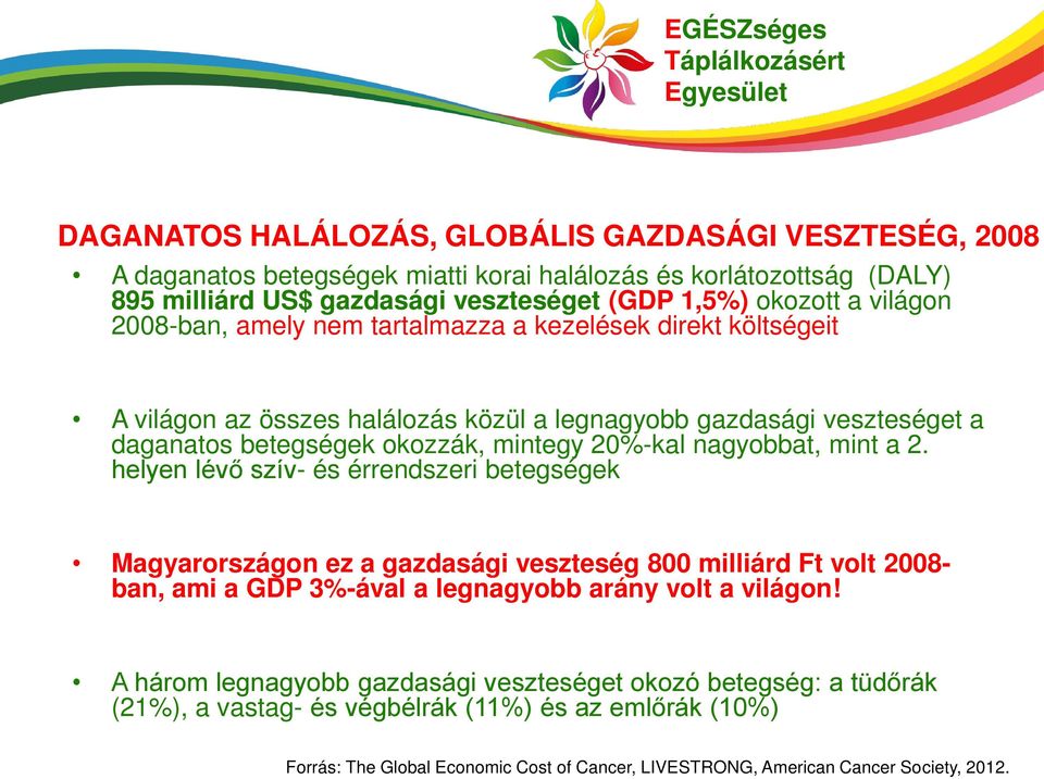 nagyobbat, mint a 2. helyen lévő szív- és érrendszeri betegségek Magyarországon ez a gazdasági veszteség 800 milliárd Ft volt 2008ban, ami a GDP 3%-ával a legnagyobb arány volt a világon!
