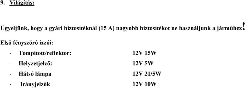 Első fényszóró izzói: - Tompított/reflektor: 12V 15W -