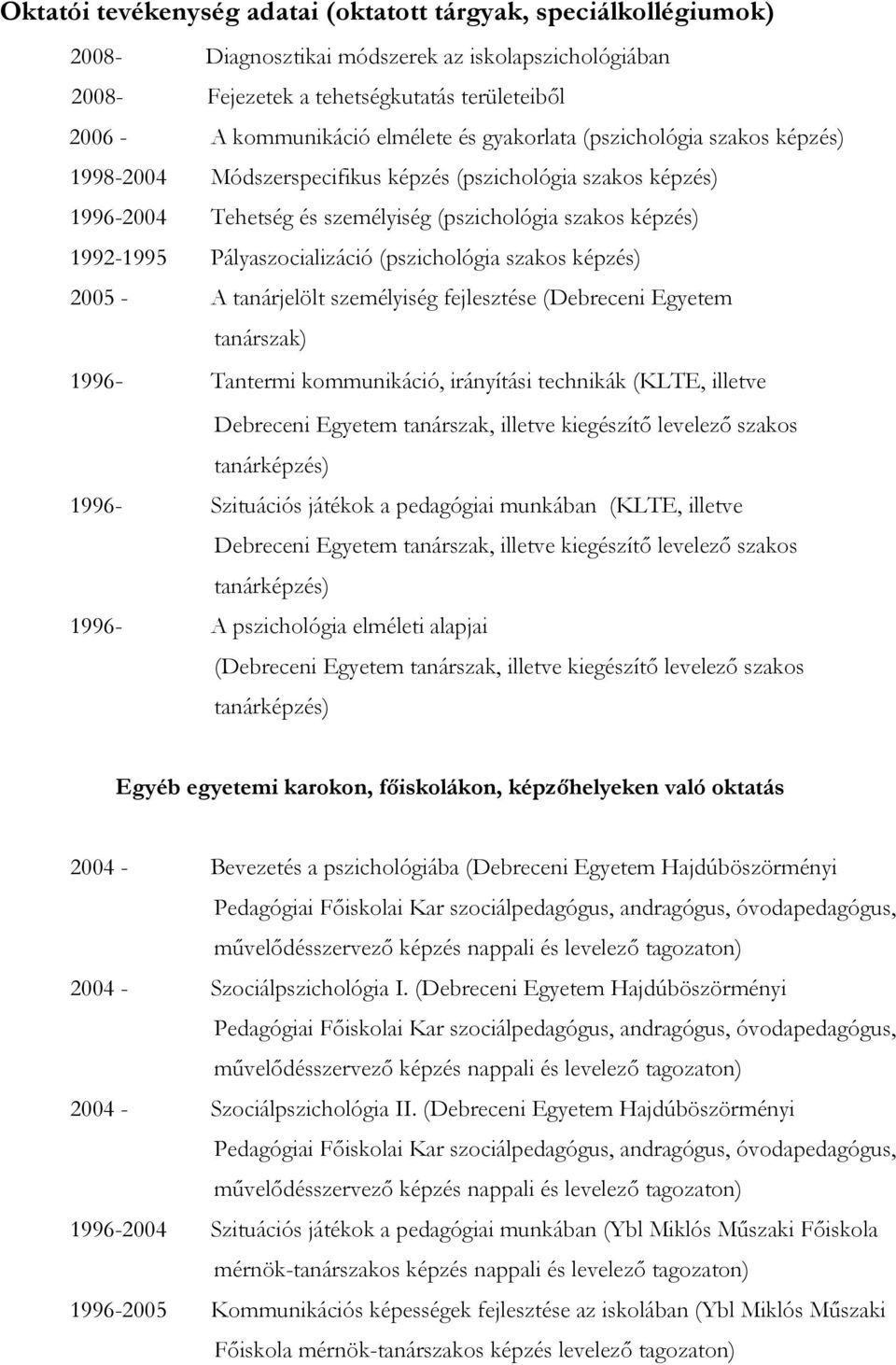(pszichológia szakos képzés) 2005 - A tanárjelölt személyiség fejlesztése (Debreceni Egyetem tanárszak) 1996- Tantermi kommunikáció, irányítási technikák (KLTE, illetve Debreceni Egyetem tanárszak,