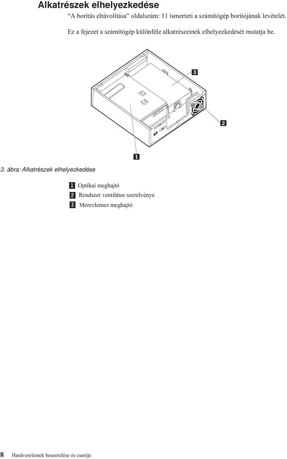 Ez a fejezet a számítógép különféle alkatrészeinek elhelyezkedését mutatja be. 3.