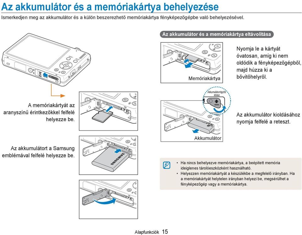 Akkumulátorrögzítő retesz A memóriakártyát az aranyszínű érintkezőkkel felfelé helyezze be. Az akkumulátor kioldásához nyomja felfelé a reteszt.