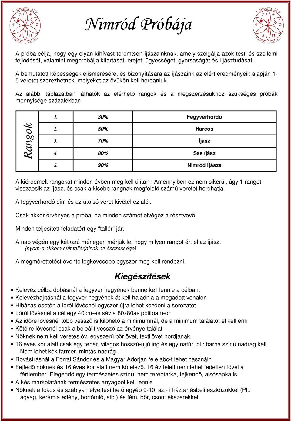 Az alábbi táblázatban láthatók az elérhetı rangok és a megszerzésükhöz szükséges próbák mennyisége százalékban 1. 30% Fegyverhordó Rangok 2. 50% Harcos 3. 70% Íjász 4. 80% Sas íjász 5.