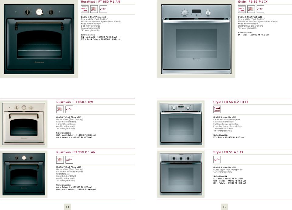 Ft HKD-vel Önálló 8 Chef Fast sütő Gyors sütés (Fast Cooking) Pirolitikus tisztítási eljárás (Fast Clean) Elektronikus programóra IX - Inox - 169900 Ft HKD-vel Rusztikus FT 850.1 OW Style FB 56 C.