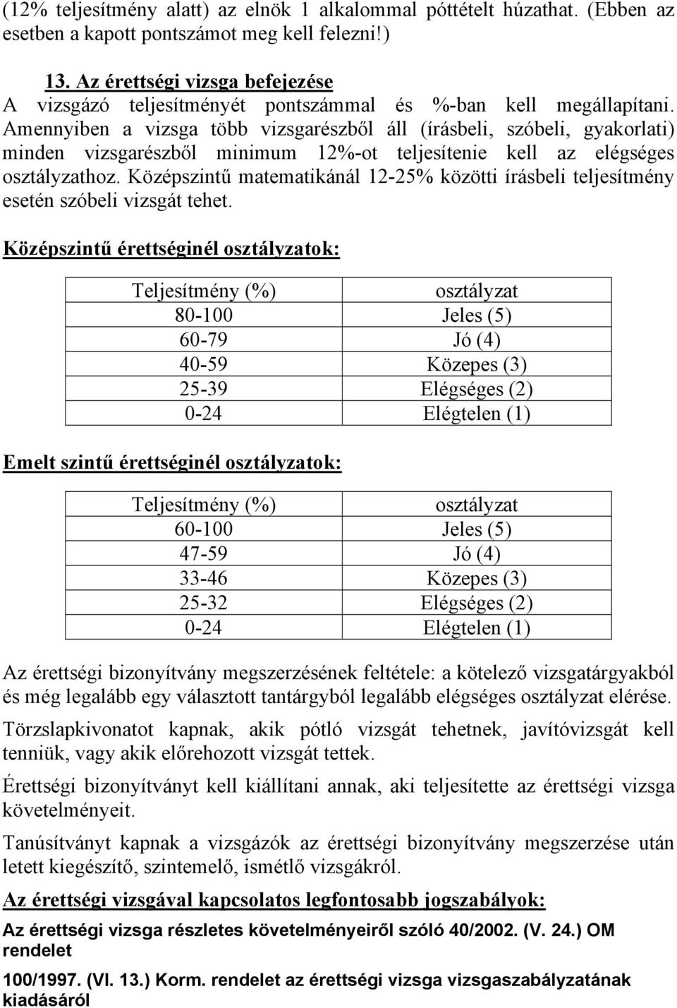 Amennyiben a vizsga több vizsgarészből áll (írásbeli, szóbeli, gyakorlati) minden vizsgarészből minimum 12%-ot teljesítenie kell az elégséges osztályzathoz.