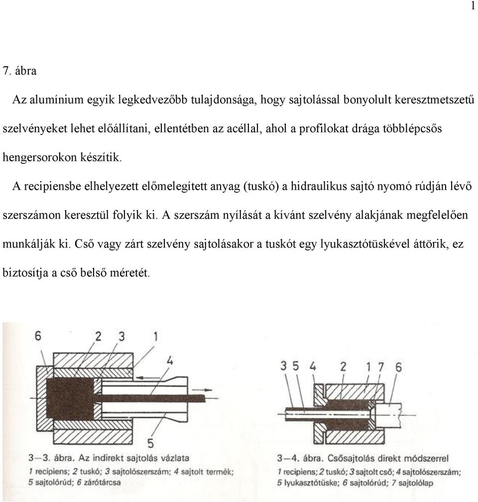 A recipiensbe elhelyezett előmelegített anyag (tuskó) a hidraulikus sajtó nyomó rúdján lévő szerszámon keresztül folyik ki.