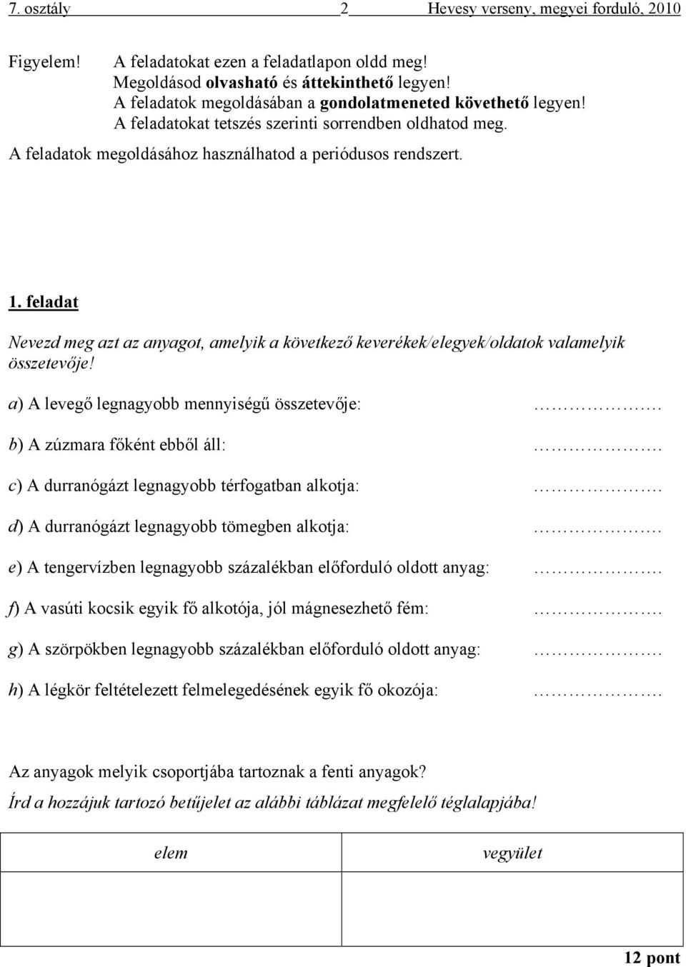 feladat Nevezd meg azt az anyagot, amelyik a következő keverékek/elegyek/oldatok valamelyik összetevője! a) A levegő legnagyobb mennyiségű összetevője:. b) A zúzmara főként ebből áll:.