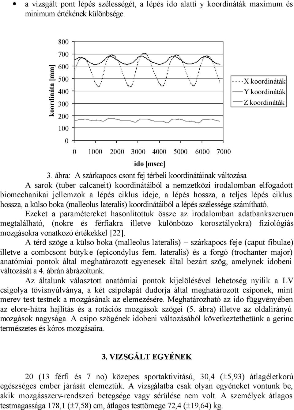 ábra: A szárkapocs csont fej térbeli koordinátáinak változása A sarok (tuber calcaneit) koordinátáiból a nemzetközi irodalomban elfogadott biomechanikai jellemzok a lépés ciklus ideje, a lépés