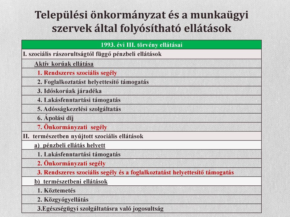 Lakásfenntartási támogatás 5. Adósságkezelési szolgáltatás 6. Ápolási díj 7. Önkormányzati segély II.