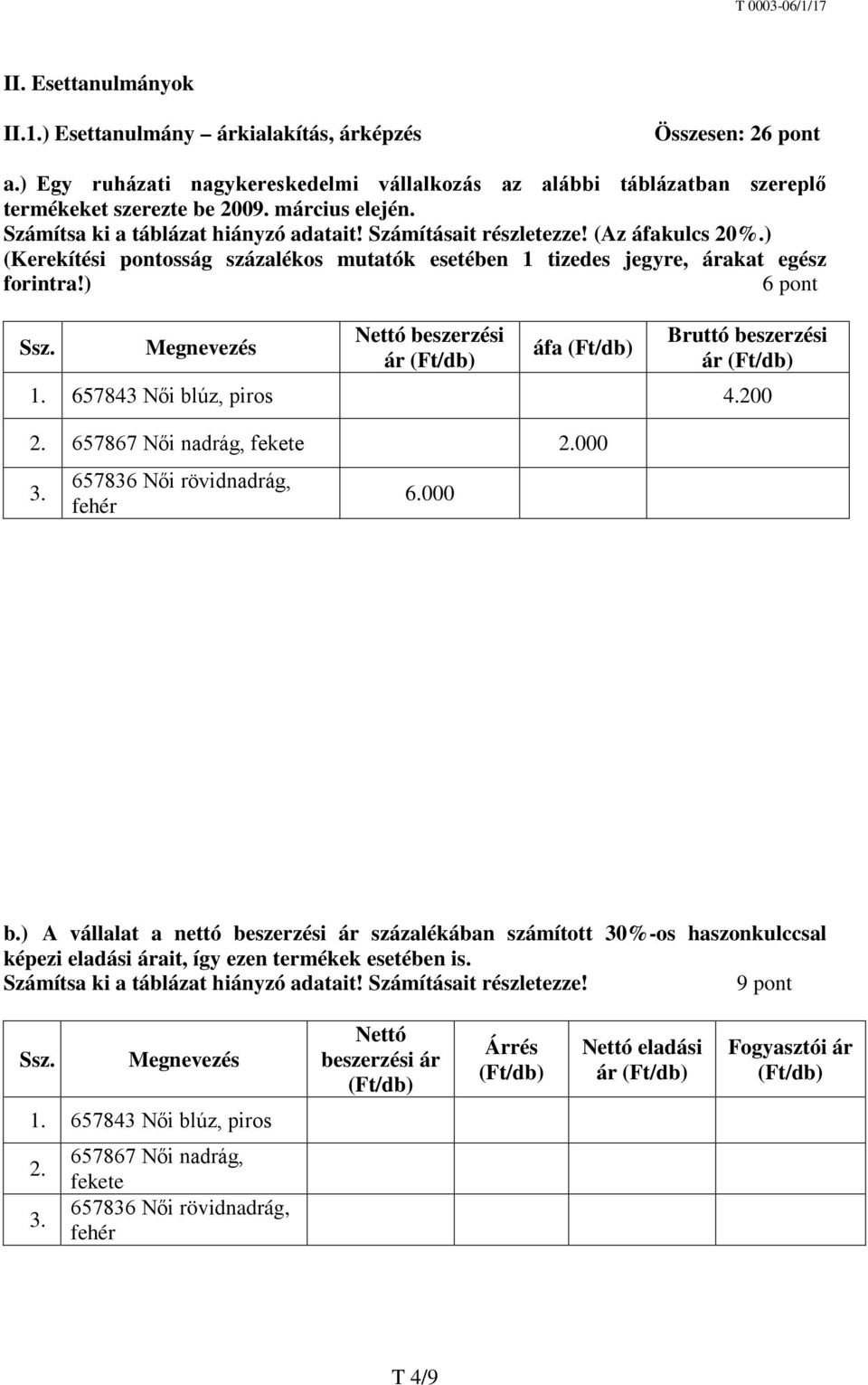 ) 6 pont Ssz. Megnevezés Nettó beszerzési ár (Ft/db) áfa (Ft/db) Bruttó beszerzési ár (Ft/db) 1. 657843 Női blúz, piros 4.200 2. 657867 Női nadrág, fekete 2.000 3. 657836 Női rövidnadrág, fehér 6.