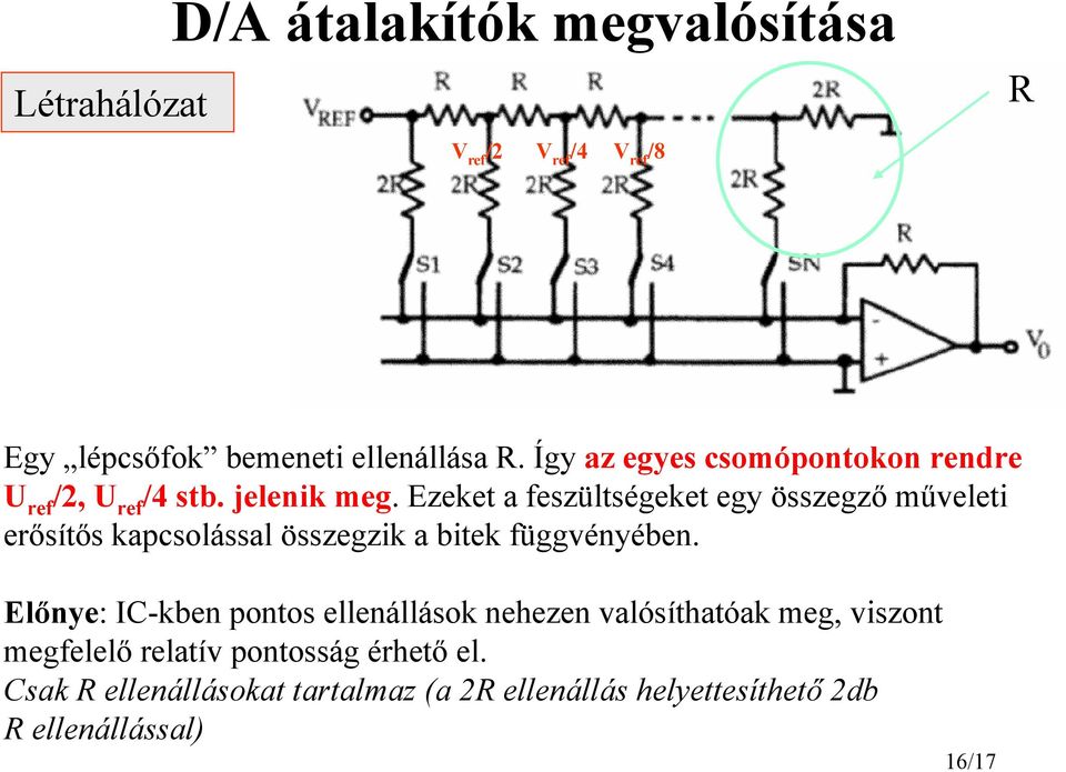 Ezeket a feszültségeket egy összegző műveleti erősítős kapcsolással összegzik a bitek függvényében.