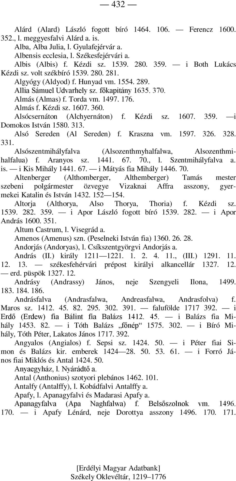 1497. 176. Almás f. Kézdi sz. 1607. 360. Alsócsernáton (Alchyernáton) f. Kézdi sz. 1607. 359. i Domokos István 1580. 313. Alsó Sereden (Al Sereden) f. Kraszna vm. 1597. 326. 328. 331.